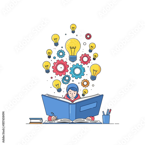 A focused student studies at a desk with a giant textbook, surrounded by light bulbs and gears, symbolizing online learning and skill mastery in a 2D flat illustration.