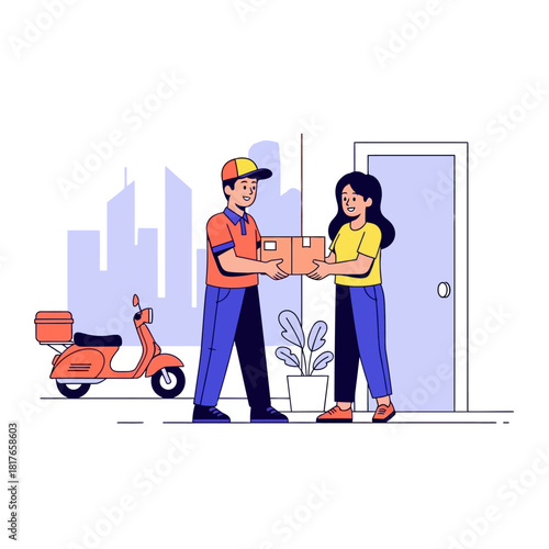 A smiling customer receives a packaged box from a delivery driver on their doorstep, depicted in a vibrant 2D flat vector illustration featuring a nearby scooter and distant city skyline.