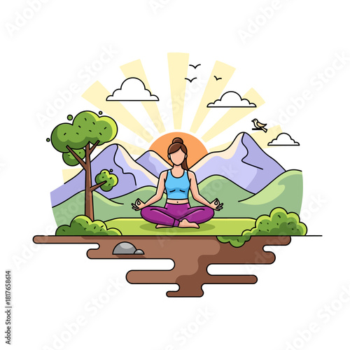This flat 2D vector illustration shows a serene woman sitting in the lotus position on a scenic mountaintop at sunrise, celebrating calm, health, and spiritual well-being.