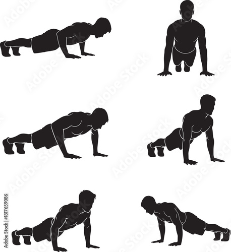 Athletic Man Doing Push Up Workout Silhouette Vector Set
