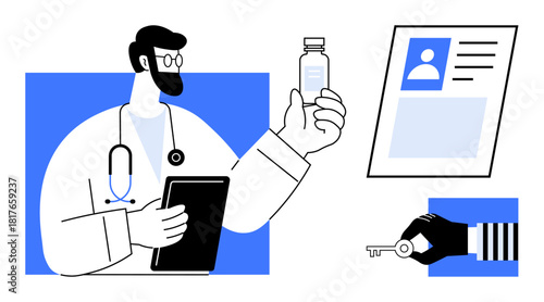 Healthcare security. Digital health solutions combining secure identity verification in medication access and patient data protection. Healthcare innovation and cybersecurity focus. For medical, tech