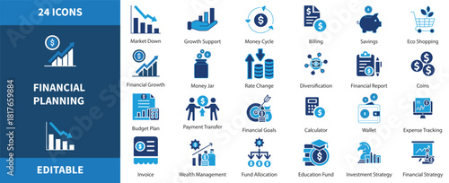 Financial Planning and Business Finance Icon Set – Budgeting, Investment Strategy, Savings Management, Economic Growth, Expense Tracking, Accounting, Payment Transfer Icons