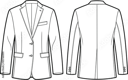 Men’s blazer front and back view, notched lapel, chest pocket, flap pockets, button closure, fashion sketch, garment template, apparel design, technical illustration