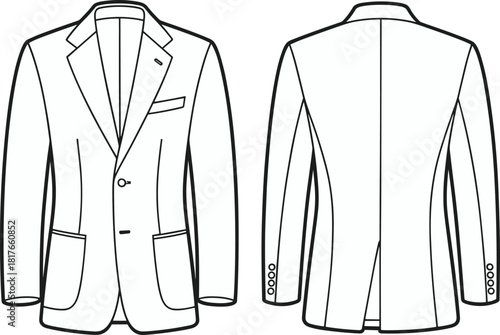 Men's blazer technical drawing, front and back view, fashion illustration, tailoring sketch, garment design, jacket blueprint, apparel template, clothing construction, vector outline, CAD style