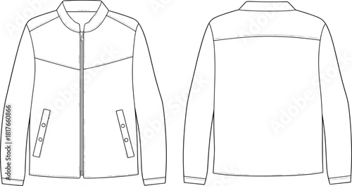 Men's Bomber Jacket Technical Fashion Drawing Vector Illustration Featuring Stand Collar, Full Zip Closure, Welt Pockets with Snaps, Front and Back Yokes, and Cuffs.
