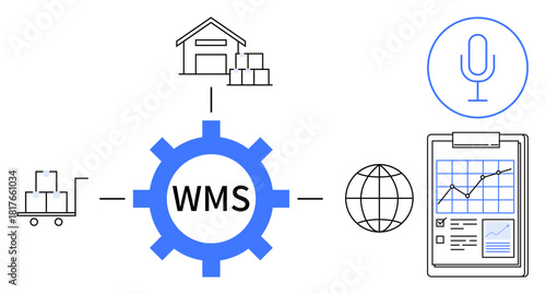Warehouse gear connecting storage, carts, microphone, and data charts. Ideal for logistics, automation, warehouse control, inventory systems data tracking technology efficient workflow. Simple