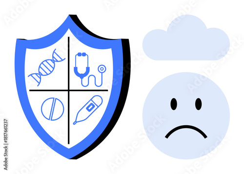 Healthcare protection. Symbols for health services, shield protection, and sad face expressing medical concerns. Healthcare ensuring safety and addressing uncertainties. For medical, public health