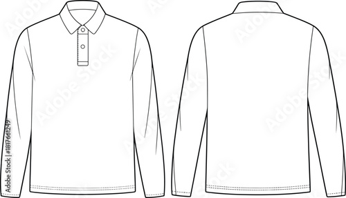 Polo shirt fashion illustration, technical sketch, long sleeve design, button placket collar, straight hemline finish, stitching detail, sewing pattern, garment template, apparel mockup