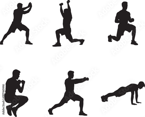 Athletic Man Training Workout Fitness Silhouette Vector Set