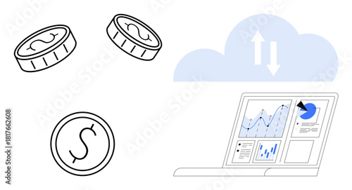 Coins, cloud with arrows illustrating data exchange, and laptop displaying analytics dashboards. Ideal for fintech, cloud computing, digital currency, analytics, technology, banking modern finance