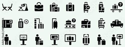 luggage screening icons set illustrating airport security check process with baggage, suitcase, briefcase, and security personnel, perfect for travel industry presentations, aviation.
