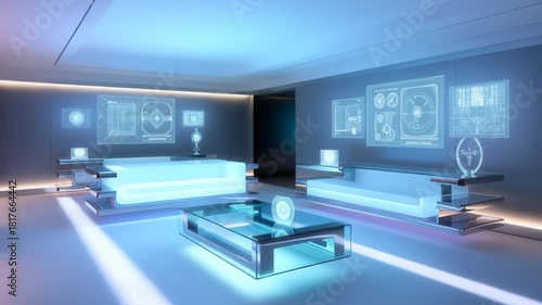 Futuristic meeting room showcasing holographic displays and glowing furniture perfect for tech innovation videos or product demos with a modern aesthetic