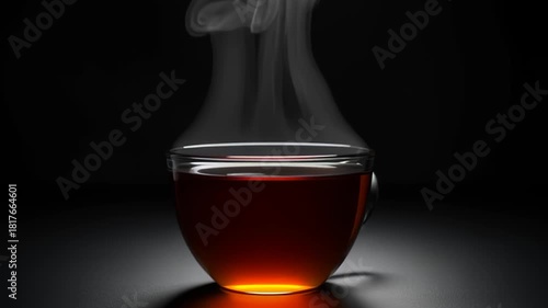 Elegant hot tea steams gently in clear glass cup, perfect for cozy winter vibes, a moment of relaxation, or comforting wellness themes