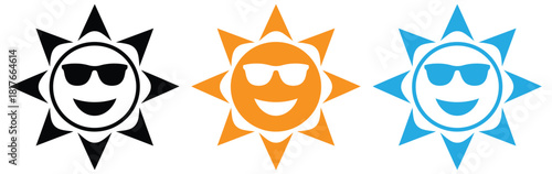 Cool smiling sun icons for summertime designs and vacation themes,Hand drawn Sun.Set of Sun icon.Sun wearing sunglasses. Solar icon.Sun icon set.Cute smiling sun icon.sun star icons collection.Summer