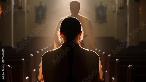 Woman prays in church as priest stands in background bathed in light, a moment of faith and spirituality, seeking solace and guidance in religion