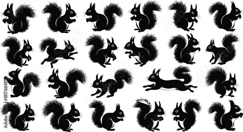 Black Squirrel Silhouette Vector Illustration Set, Wild Animal Poses Collection, including Sitting, Running, and Jumping, for Wildlife Logo, Icon, and Nature Design Asset.