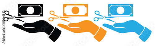 Cut expenses with scissors and hand for financial decisions,Money icon logo design. Money sign and symbol, Finance icons.Bank and Money icon collection. Earning money .Money symbol.Vector