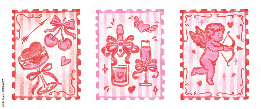 Fototapeta premium Valentine's Day Postage Stamp Clipart Set, Hand Drawn Vintage Love Stamps with Cherub, Champagne, Heart, Bow, Cherry, Romantic Pink Illustrations