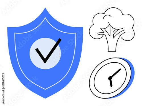 Blue shield with checkmark, clock symbolizing time, tree symbolizing nature. Ideal for security, reliability, eco-friendliness, time management, sustainability trust protection. Simple flat