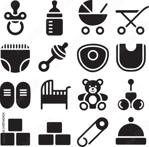 Adorable baby icons for new parent essentials set