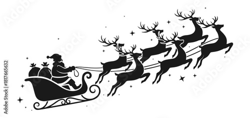 Santa Claus Sleigh and Reindeer Flying Silhouette