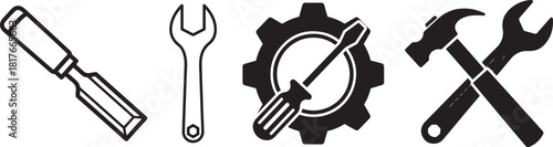 Black and White Vector Icons of Hand Tools for Repair and Service