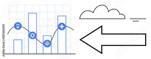 Data visualization concept. Data visualization a chart with malware icons, cloud visuals, and direction icons. Data visualization for cybersecurity, analysis, and tech trends. Usage in business