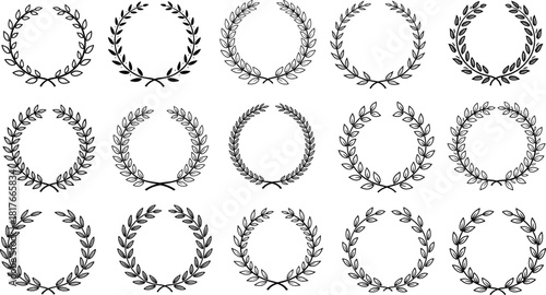 Laurel wreath vector icon set featuring fifteen different vintage victory, award, honor, and achievement circular frames for logo design and certificate branding