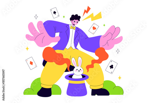 Magician Vector Illustration with Illusionist Conjuring Tricks and Waving a Magic Wand above his Mysterious Hat on a Stage in Flat Cartoon Background