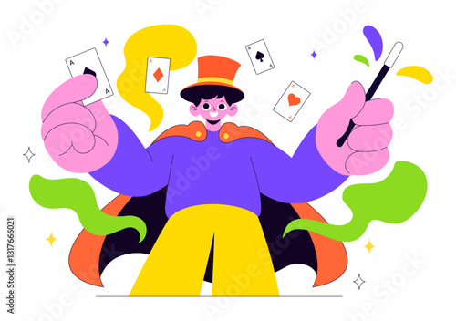 Magician Vector Illustration with Illusionist Conjuring Tricks and Waving a Magic Wand above his Mysterious Hat on a Stage in Flat Cartoon Background