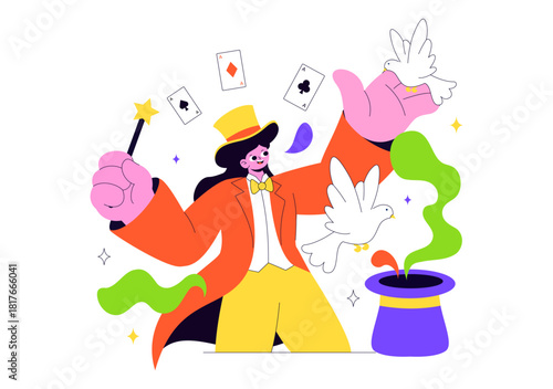Magician Vector Illustration with Illusionist Conjuring Tricks and Waving a Magic Wand above his Mysterious Hat on a Stage in Flat Cartoon Background