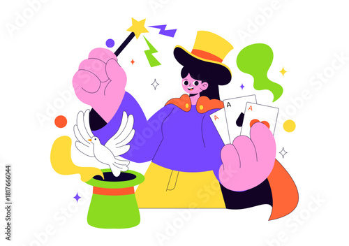 Magician Vector Illustration with Illusionist Conjuring Tricks and Waving a Magic Wand above his Mysterious Hat on a Stage in Flat Cartoon Background