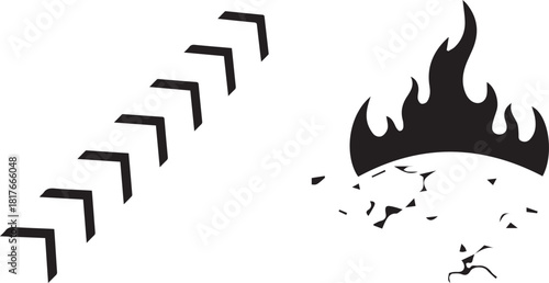 Abstract Vector Graphic with Ascending Chevron Steps and Fiery Sphere