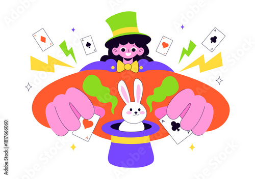 Magician Vector Illustration with Illusionist Conjuring Tricks and Waving a Magic Wand above his Mysterious Hat on a Stage in Flat Cartoon Background