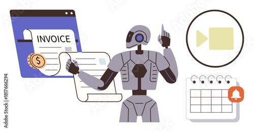 Robotic assistant handling digital invoices, calendar with notification, dollar coin, and document icons. Ideal for finance, automation, efficiency, AI tools, time management digital payment