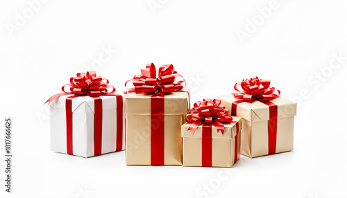 four golden and white christmas presents tied with bright red bows