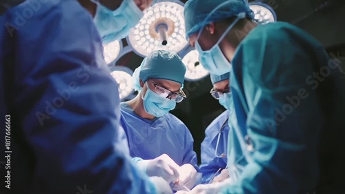 A closeup shot of medical professionals in action in an operating room. The main subject is a surgeon in blue scrubs and surgical mask, holding a surgical instrument, with a focused expression.