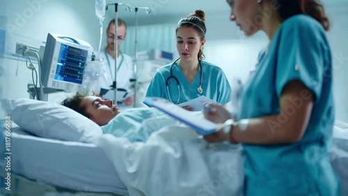 A clinical scene featuring a nurse in blue scrubs attending to a patient in a hospital bed. The nurse is holding a clipboard and appears to be in the midst of a medical procedure.