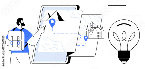 Backpacker pointing at tablet with mapped routes and landmarks thumbs up mountains, castle. Nearby is an idea lightbulb. Ideal for travel planning, navigation, exploration, creativity, innovation