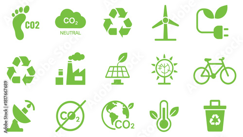 vector illustration of collection of green Eco-friendly icons for environmental protection and sustainability projects, suitable for clean energy campaigns, digital interfaces, ECO marketing visuals.