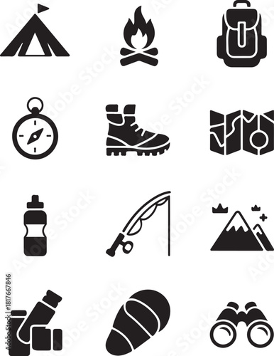 Explore outdoors icons for camping and adventure