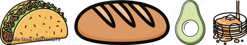 Simple Outline Food Icons Set: Taco, Bread, Avocado, Pancakes Vector