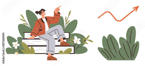 Woman sitting on stacked books, surrounded by lush greenery, pointing to a rising growth arrow. Ideal for growth, education, motivation, goals, career progress nature success. Simple flat metaphor