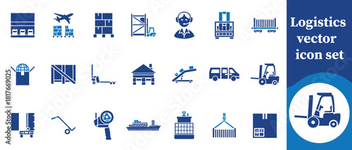 Logistics vector icon set, logistics, supply chain, delivery, shipping, warehouse, inventory, cargo, freight, transportation, truck, van, container, package, parcel, distribution and more