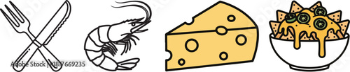 Flat Design Vector Food Icons Featuring Cutlery, Shrimp, Cheese, Nachos