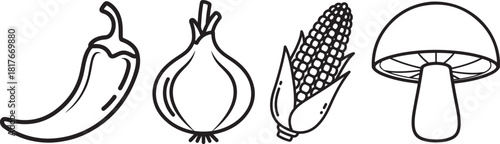 Monochrome Outline Vegetable and Mushroom Icons Set White Background