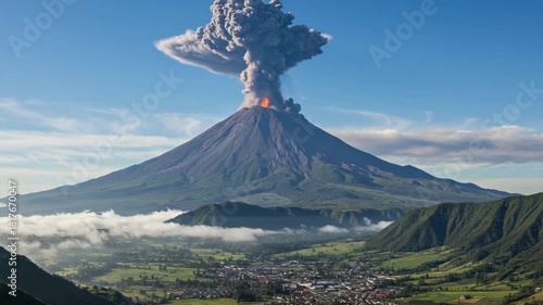 Volcanic eruption over a valley landscape