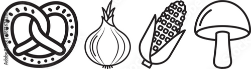 Monochromatic Outline Food Elements: Pretzel, Onion, Corn, Mushroom