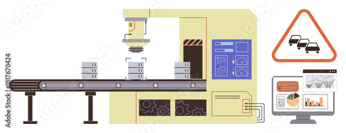Robotic arm assembling boxes on conveyor belt, safety alert triangle, data charts on monitor. Ideal for automation, manufacturing, safety compliance, technology, industry, productivity efficiency