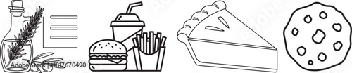 Monochromatic Line Art Food and Beverage Icons with Culinary Elements